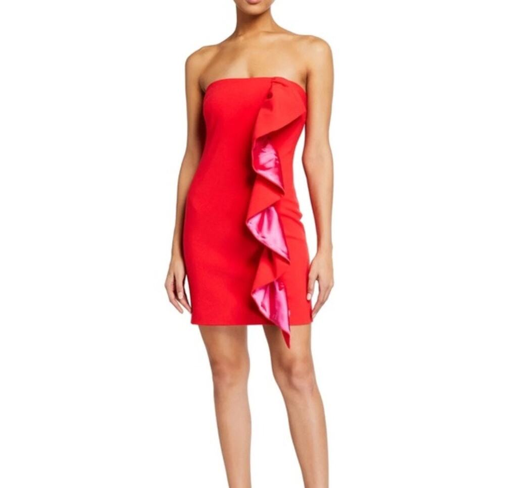 LIKELY Revolve Farrah Dress Size 6 Red & Pink Strapless Ruffle Mini Dress Preppy